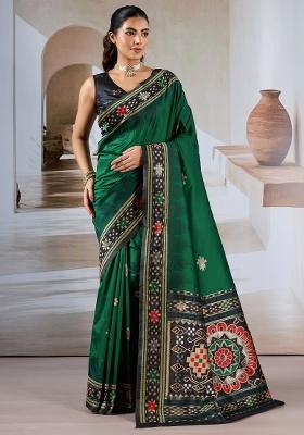 Dark Green Printed Silk Blend Saree Set