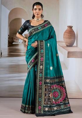 Teal Green Printed Silk Blend Saree Set