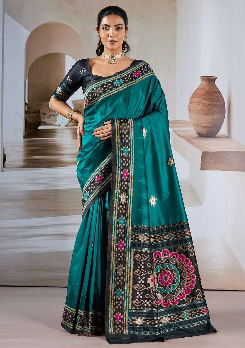 Teal Green Silk Blend Saree Set with Printed for Diwali | Wedding & Festive Wear - Indya