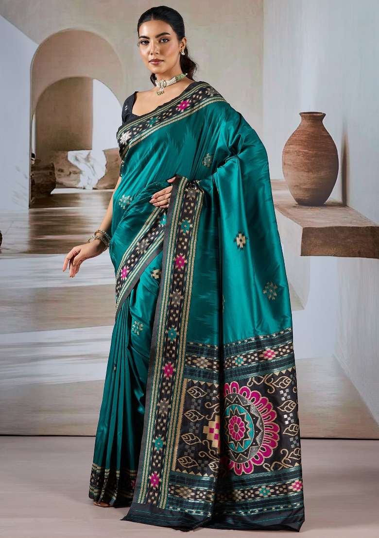 Teal Green Silk Blend Saree Set with Printed for Diwali | Wedding & Festive Wear - Indya