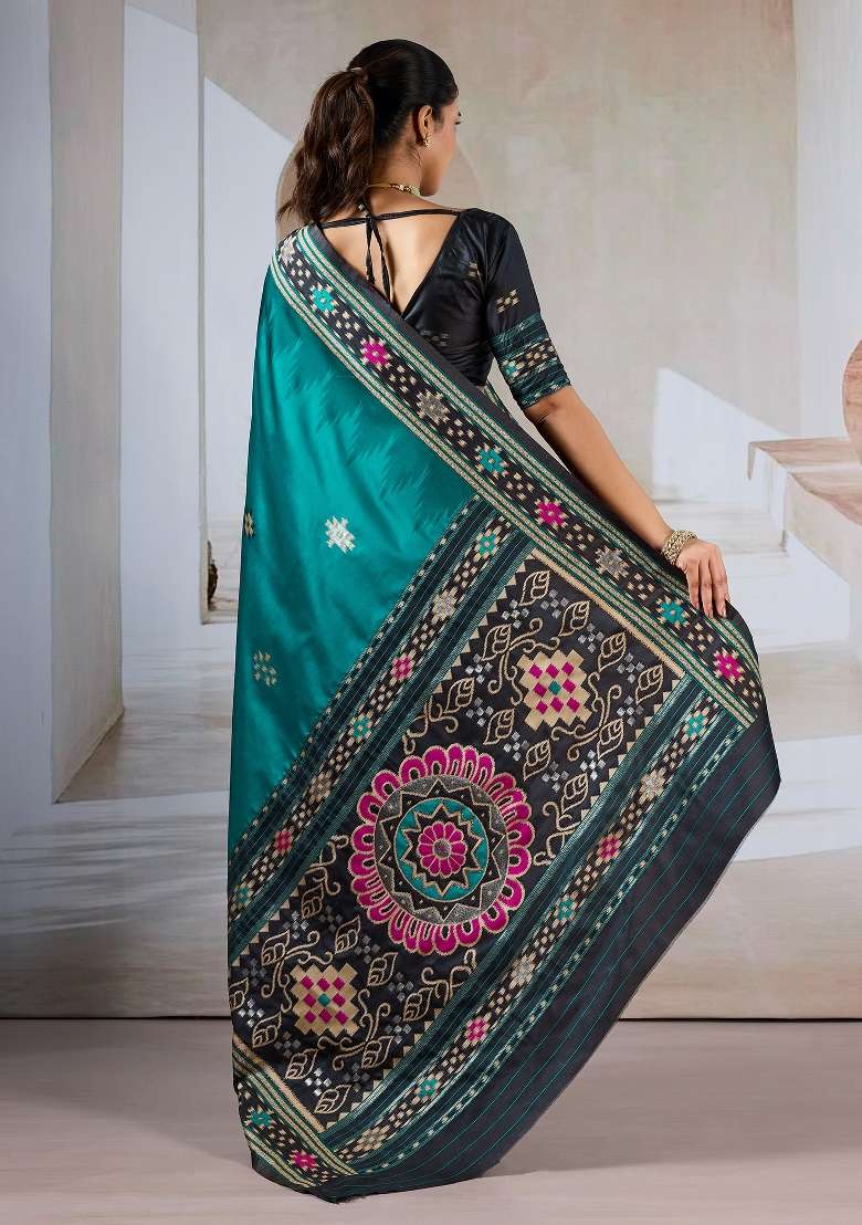 Teal Green Silk Blend Saree Set with Printed for Diwali | Wedding & Festive Wear - Indya