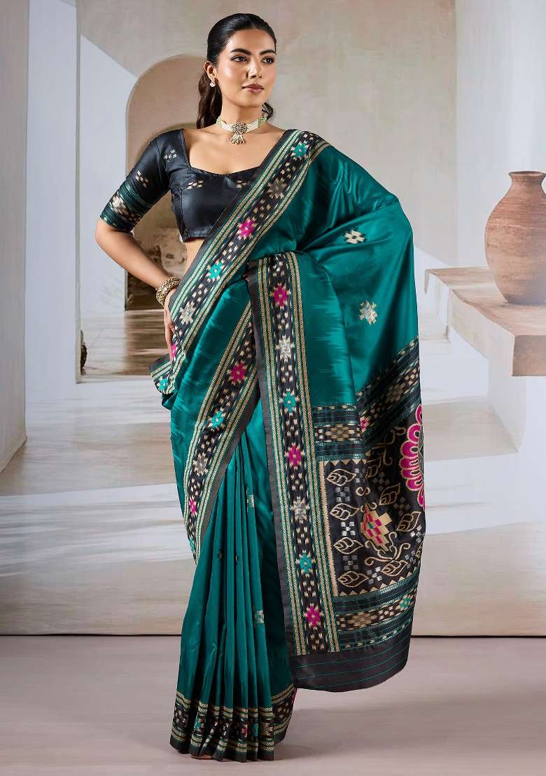 Teal Green Silk Blend Saree Set with Printed for Diwali | Wedding & Festive Wear - Indya