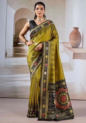Olive Printed Silk Blend Saree Set