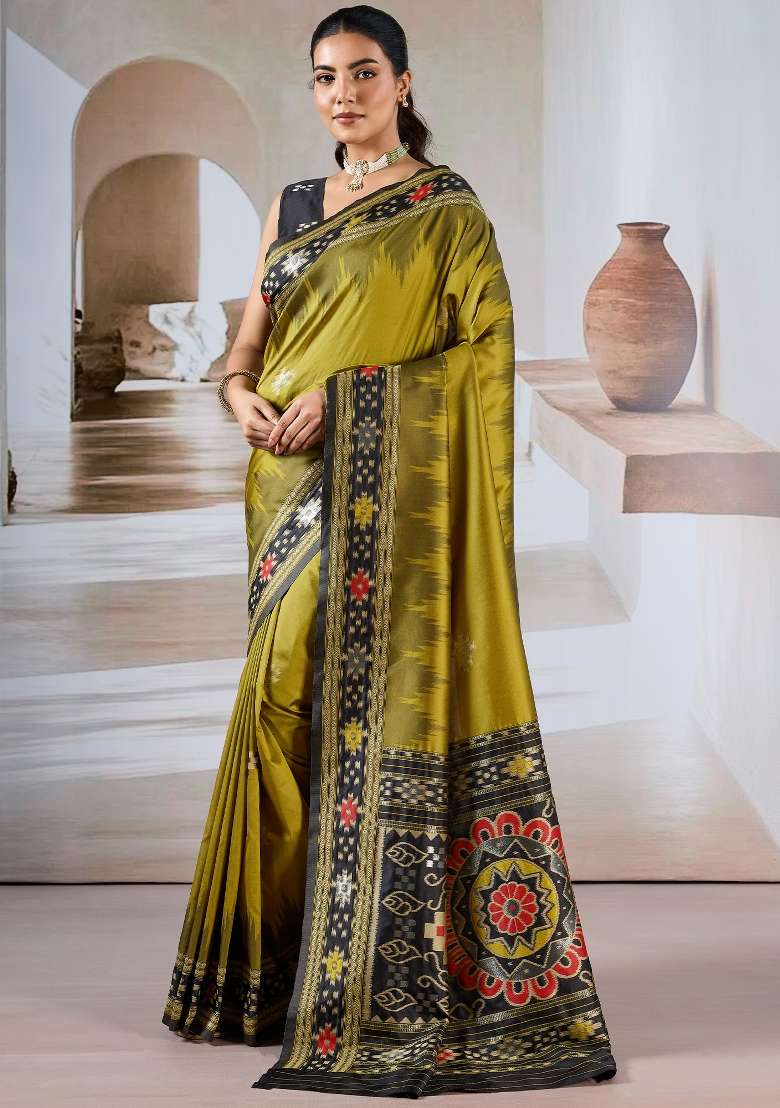 Olive Silk Blend Saree Set with Printed for Diwali | Wedding & Festive Wear - Indya
