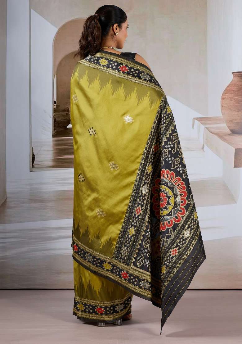 Olive Silk Blend Saree Set with Printed for Diwali | Wedding & Festive Wear - Indya