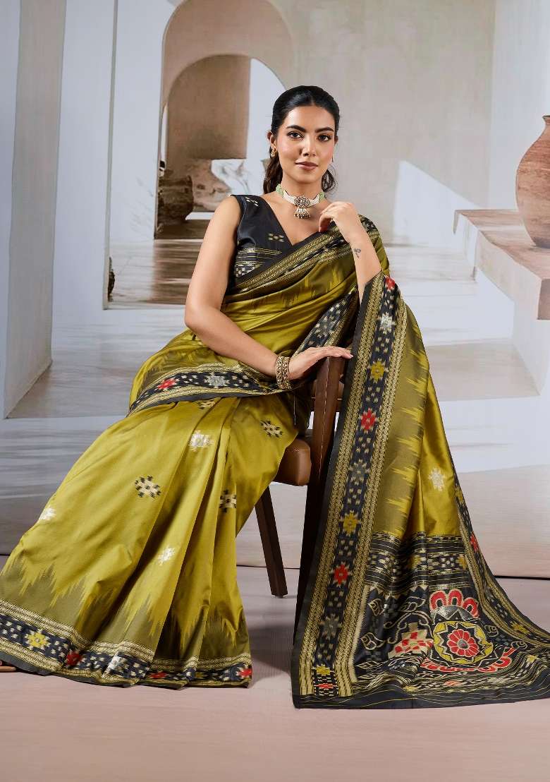Olive Silk Blend Saree Set with Printed for Diwali | Wedding & Festive Wear - Indya