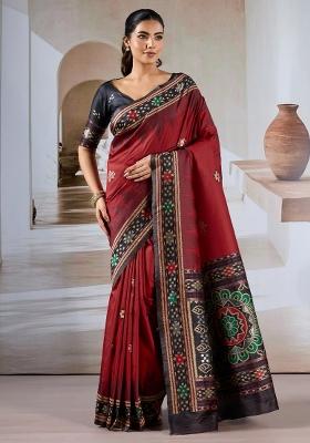 Maroon Printed Silk Blend Saree Set