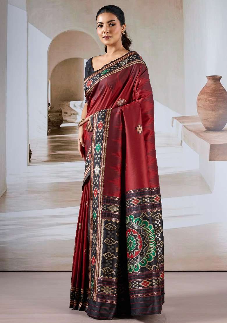 Maroon Printed Silk Blend Saree Set for Diwali and Festive Wear - Indya