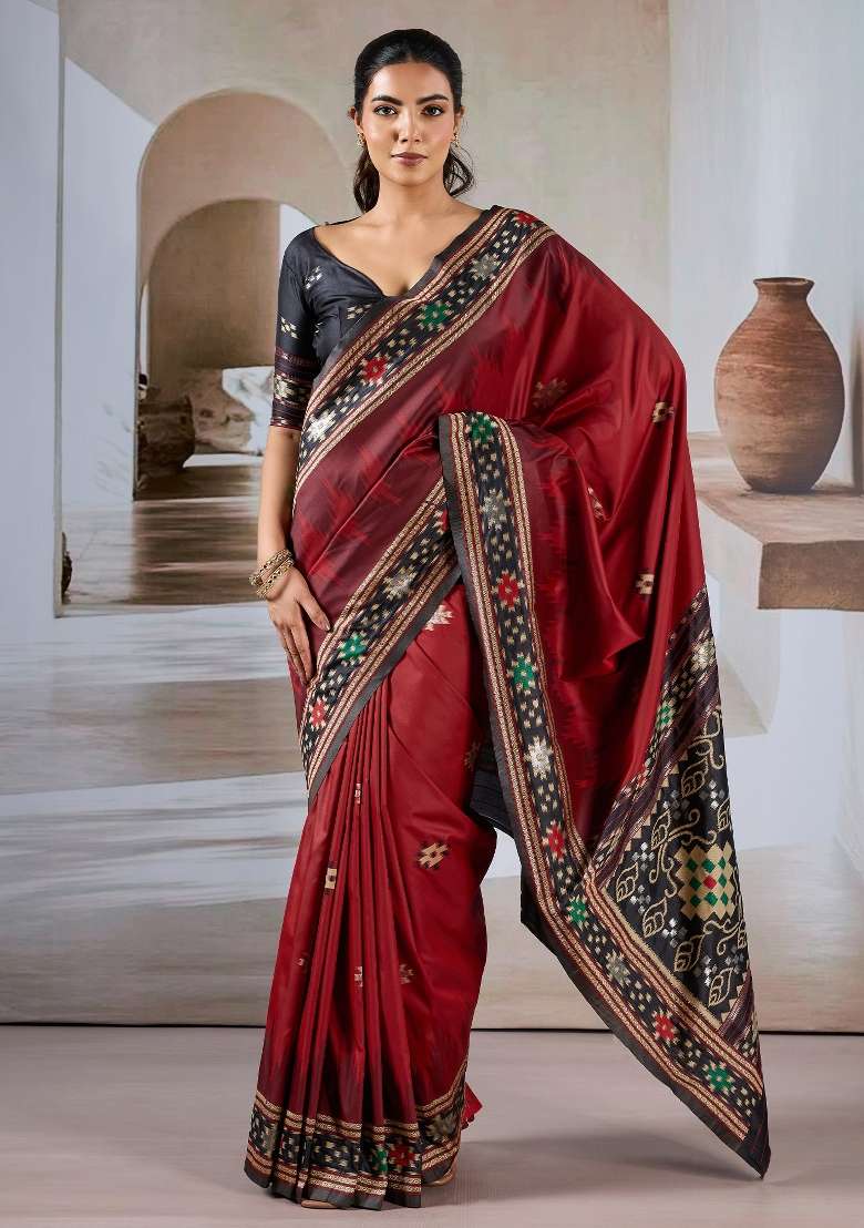 Maroon Printed Silk Blend Saree Set for Diwali and Festive Wear - Indya