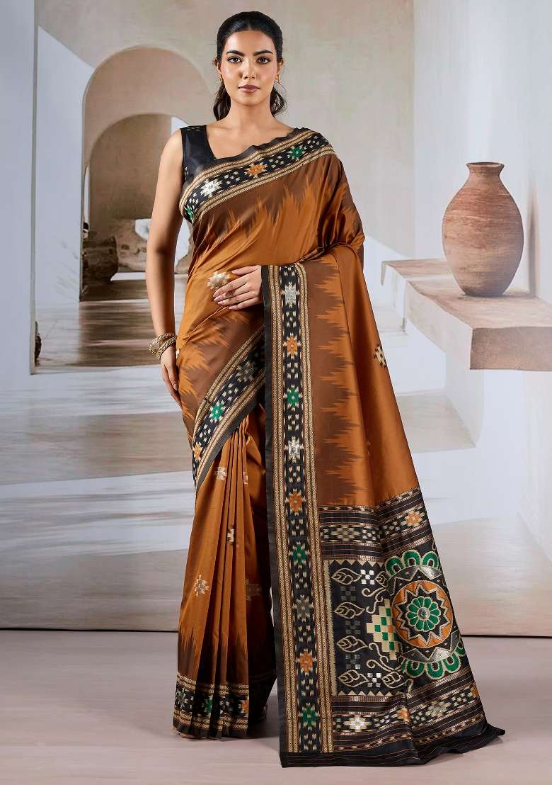 Brown Printed Silk Blend Saree Set - Indya