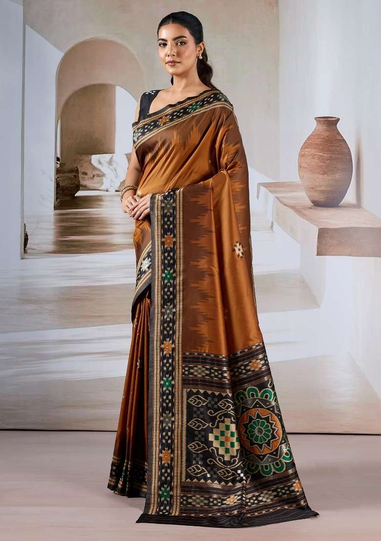 Brown Printed Silk Blend Saree Set - Indya
