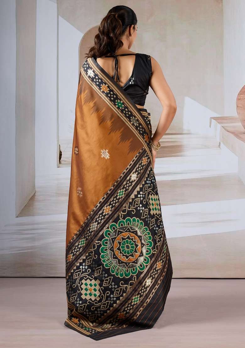 Brown Printed Silk Blend Saree Set - Indya