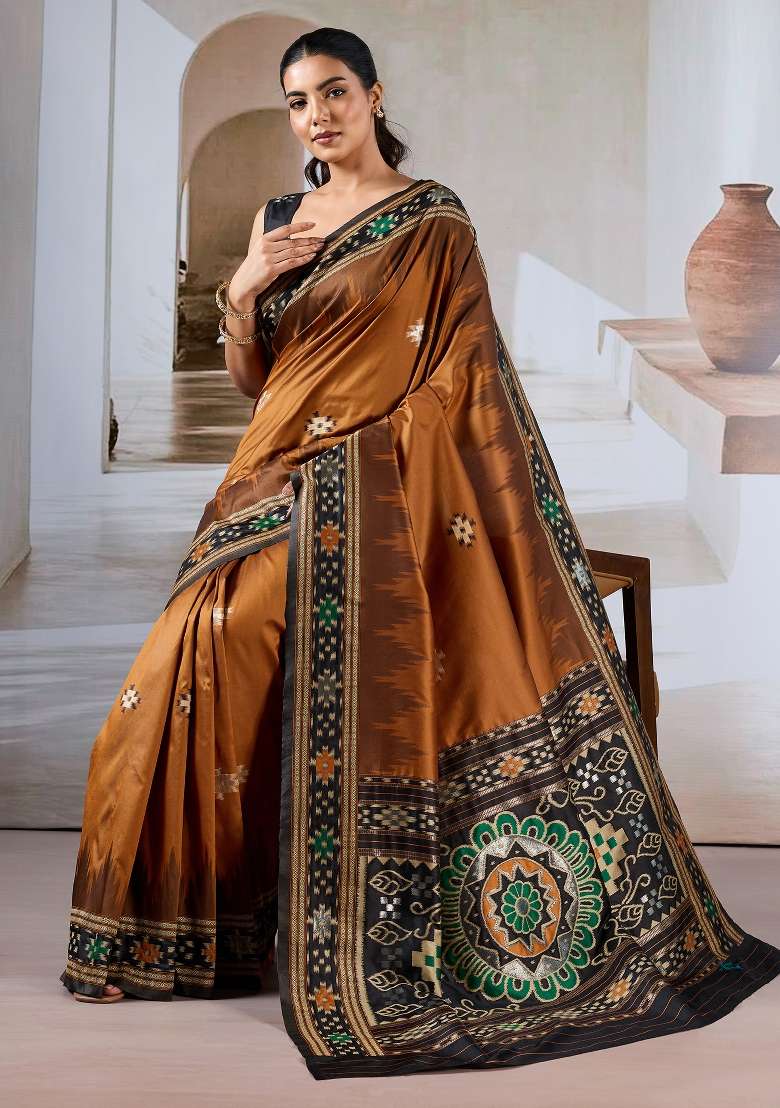 Brown Printed Silk Blend Saree Set - Indya