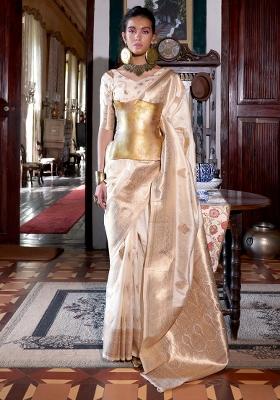 Off White Printed Silk Blend Saree Set