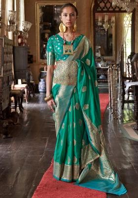 Turquoise Printed Silk Blend Saree Set