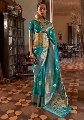 Light Blue Printed Silk Blend Saree Set