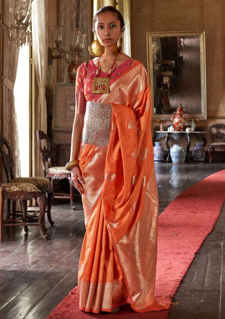 Orange Printed Silk Blend Saree Set - Indya