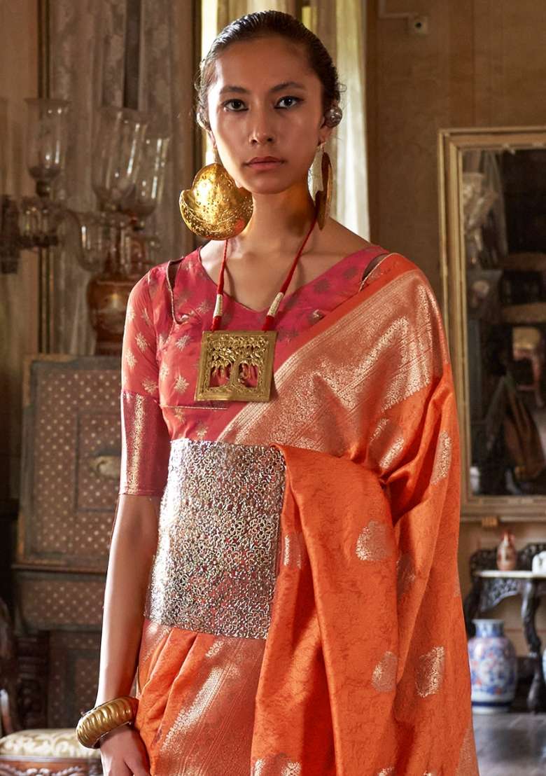 Orange Printed Silk Blend Saree Set - Indya