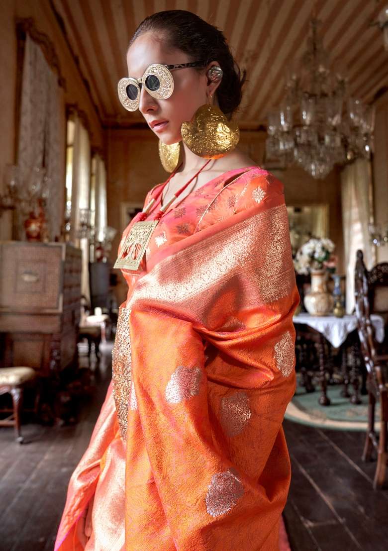 Orange Printed Silk Blend Saree Set - Indya