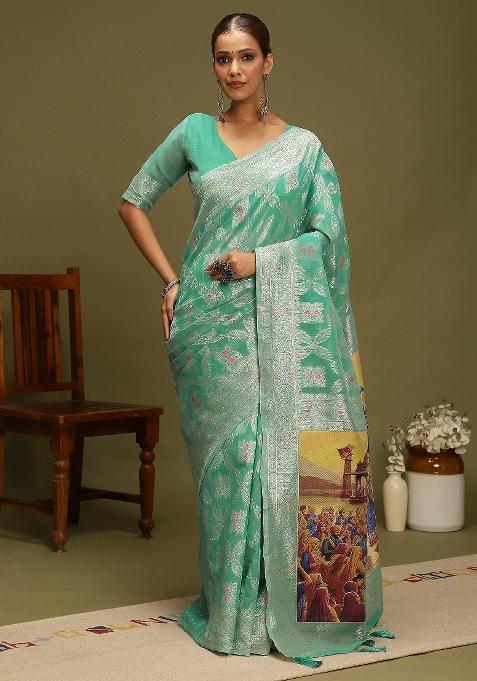 Sea Green Printed Organza Saree Set — view on Indya