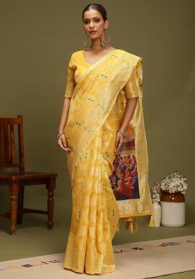 Yellow Printed Organza Saree Set
