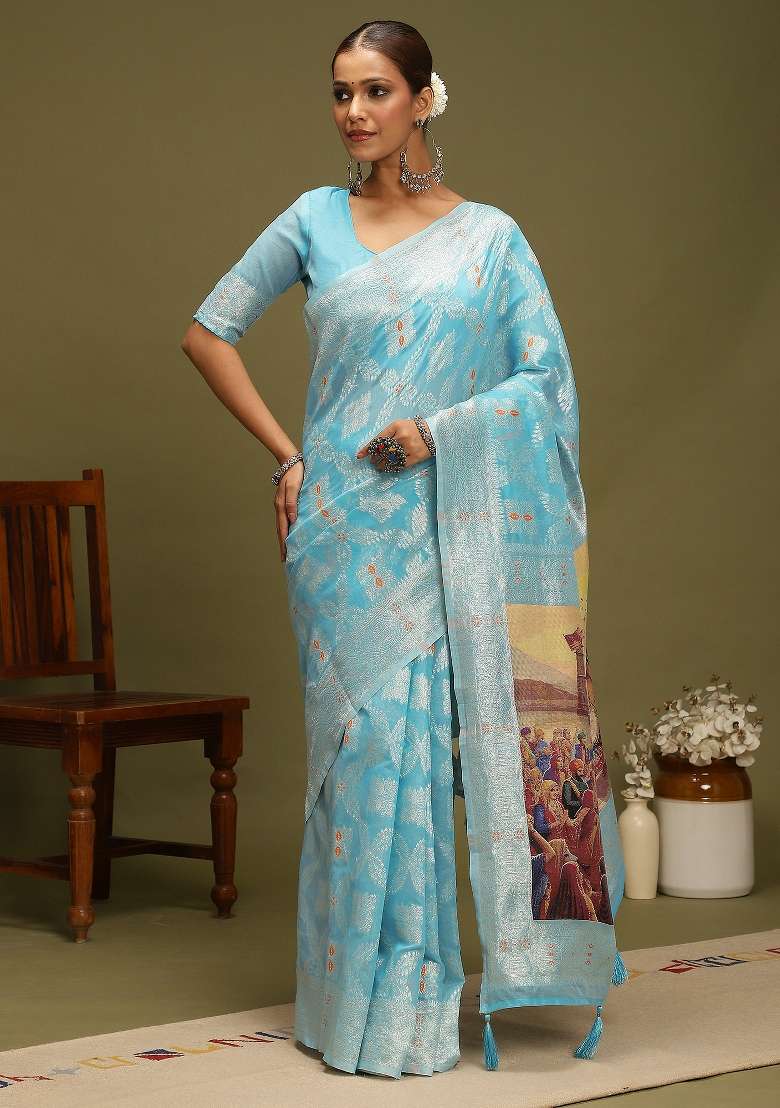 Light Blue Printed Organza Saree Set - Indya