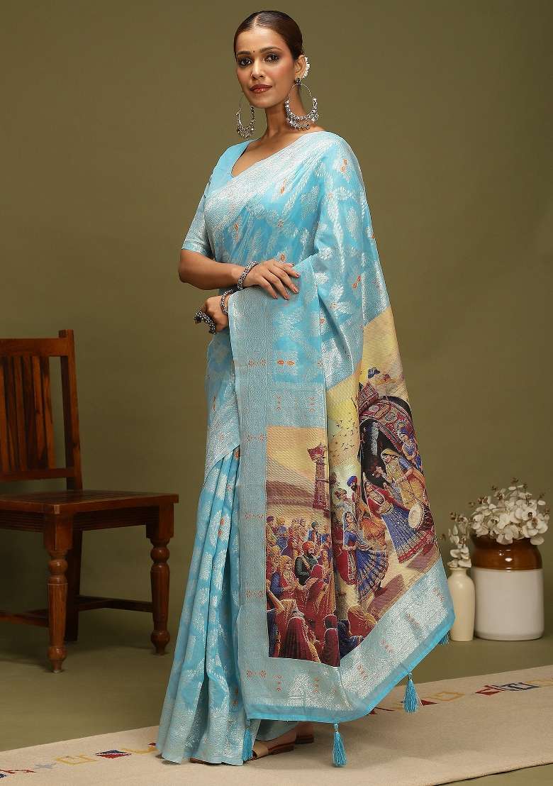 Light Blue Printed Organza Saree Set - Indya