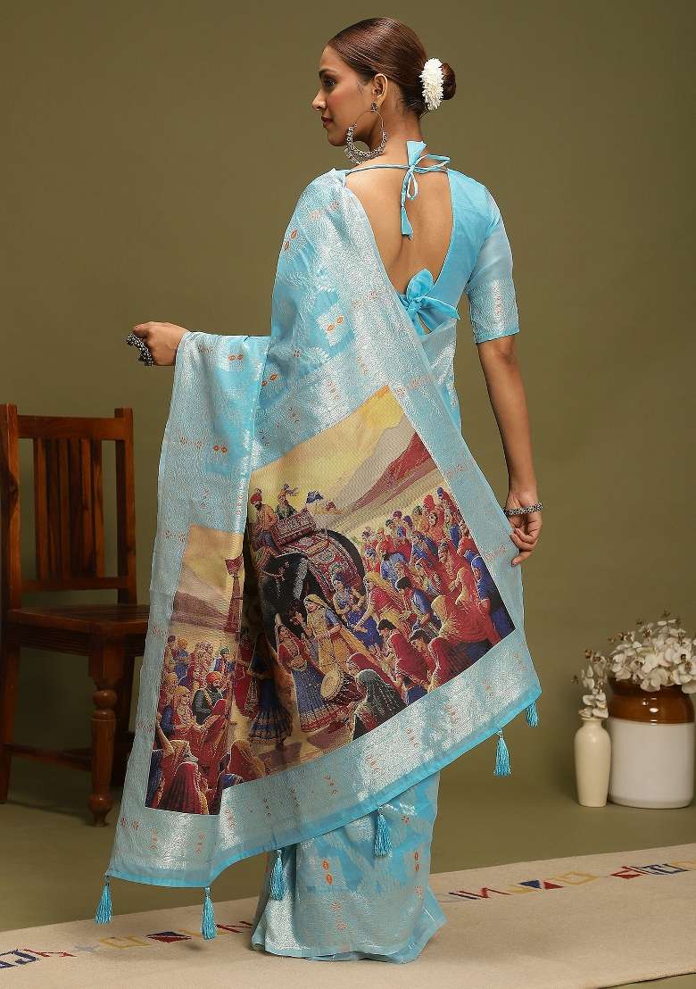 Light Blue Printed Organza Saree Set - Indya