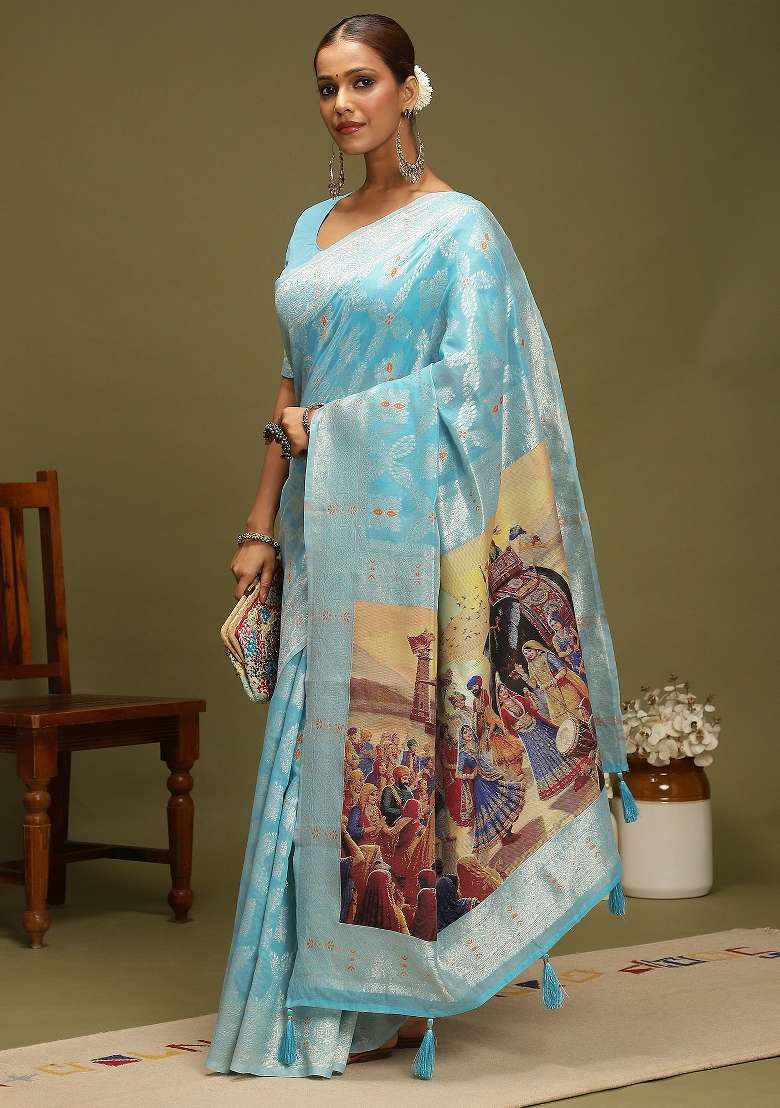 Light Blue Printed Organza Saree Set - Indya