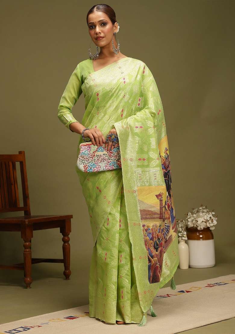 Light Green Printed Organza Saree Set - Indya
