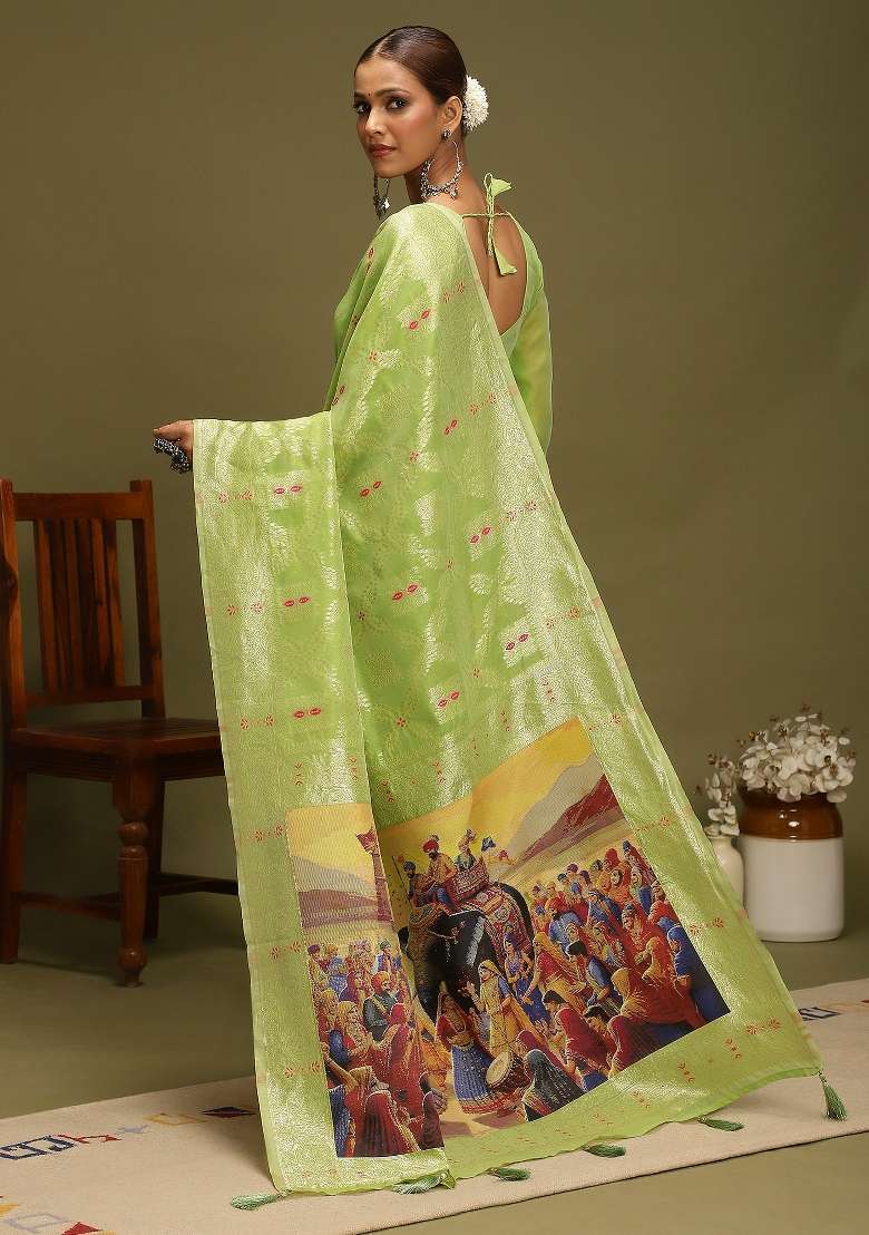 Light Green Printed Organza Saree Set - Indya