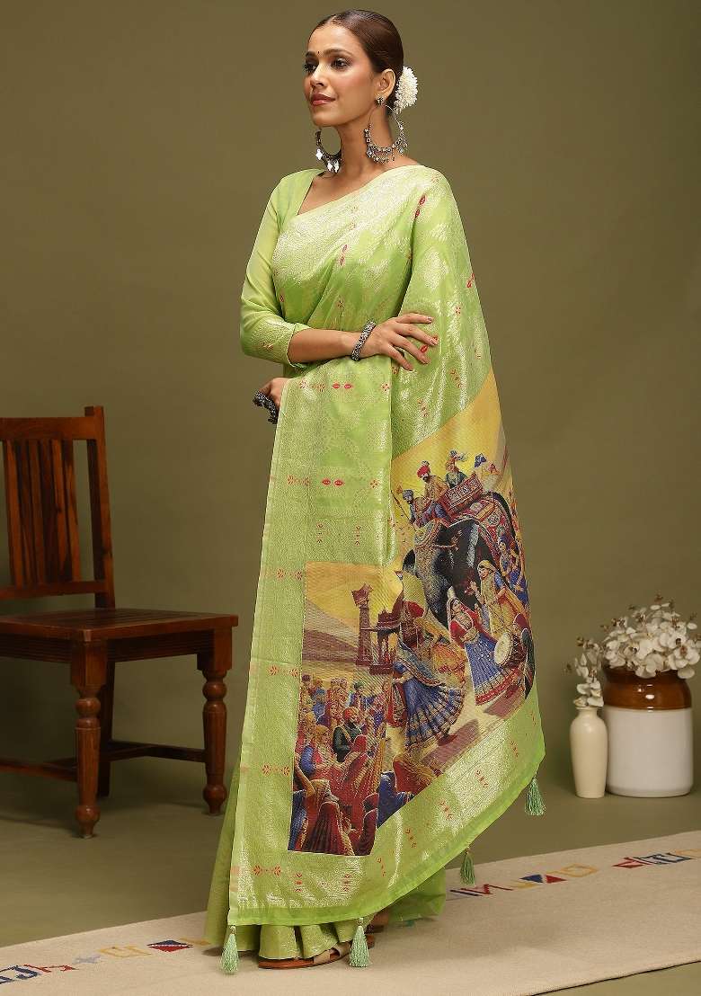 Light Green Printed Organza Saree Set - Indya