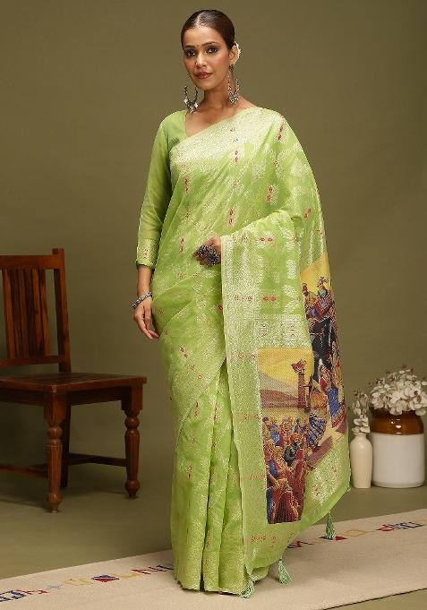 Light Green Printed Organza Saree Set — view on Indya