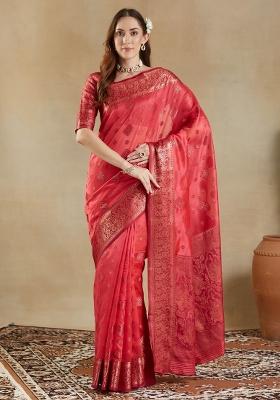 Pink Printed Organza Saree Set