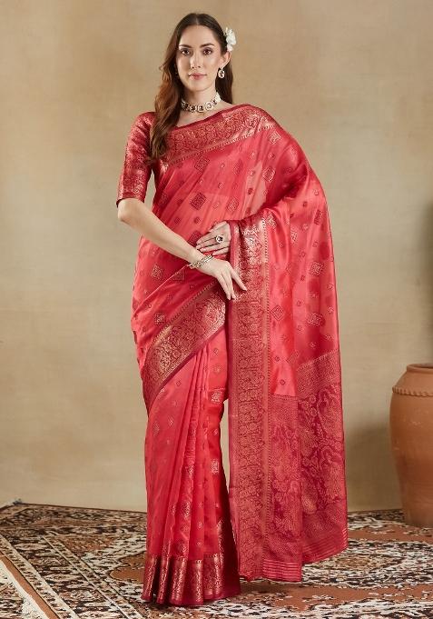 Pink Printed Organza Saree Set — view on Indya