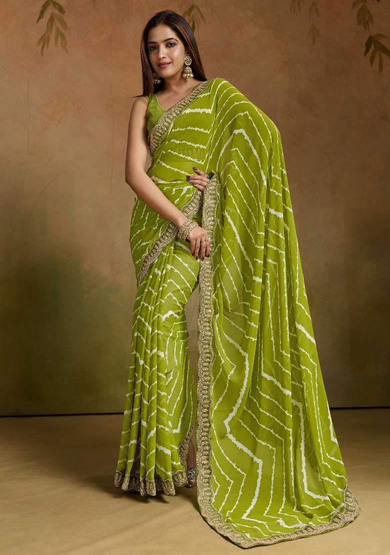 Light Green Georgette Saree Set with Printed for Diwali | Wedding & Festive Wear - Indya