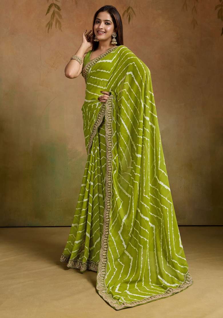 Light Green Georgette Saree Set with Printed for Diwali | Wedding & Festive Wear - Indya