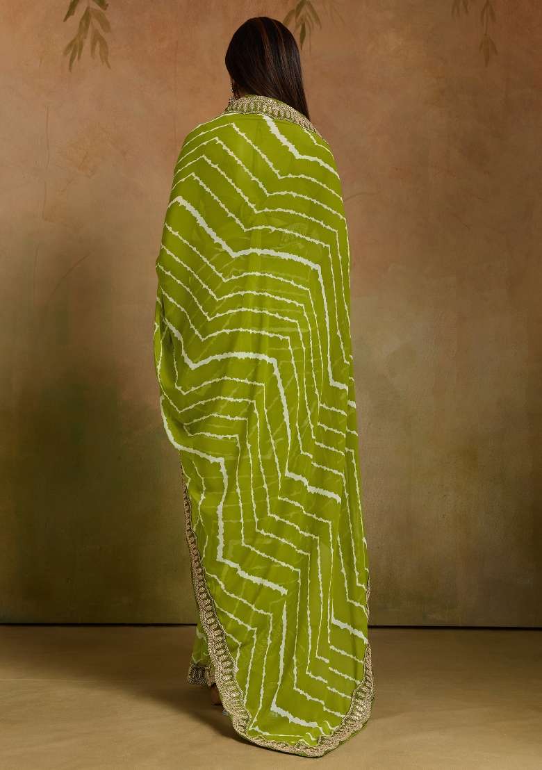Light Green Georgette Saree Set with Printed for Diwali | Wedding & Festive Wear - Indya