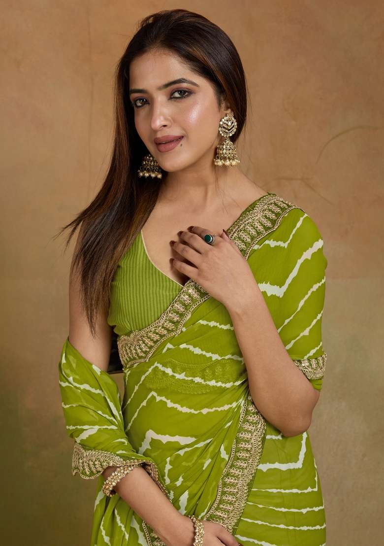 Light Green Georgette Saree Set with Printed for Diwali | Wedding & Festive Wear - Indya