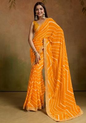 Yellow Printed Georgette Saree Set