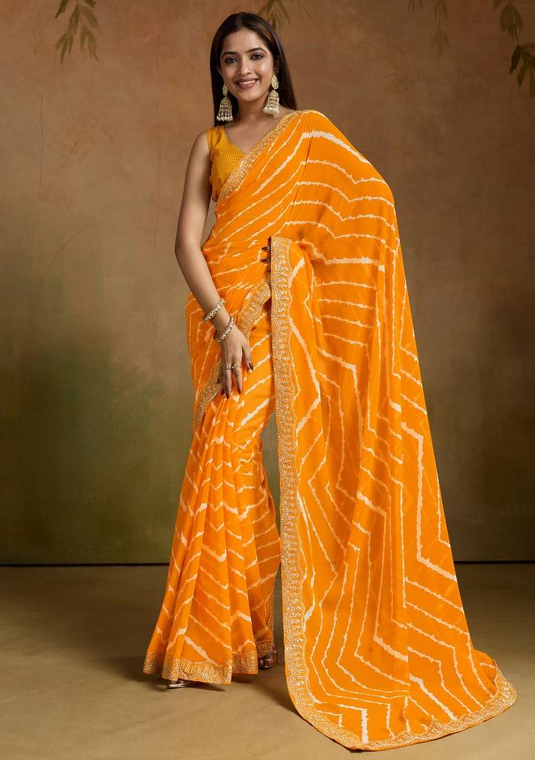Yellow Printed Georgette Saree Set - Indya