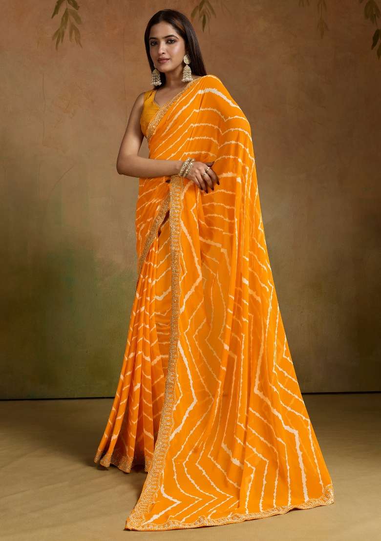 Yellow Printed Georgette Saree Set - Indya