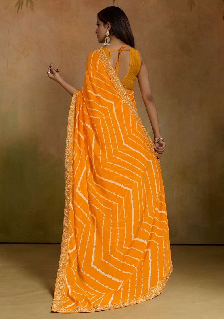 Yellow Printed Georgette Saree Set - Indya