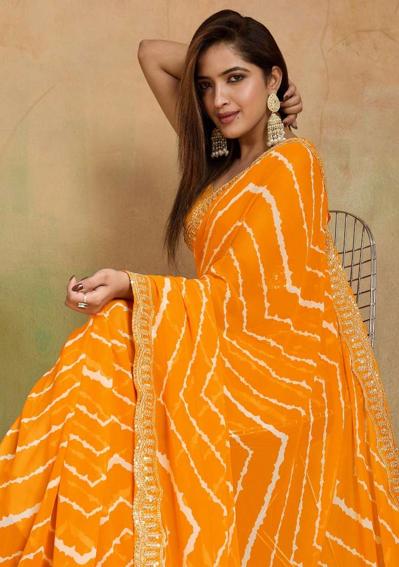 Yellow Printed Georgette Saree Set - Indya