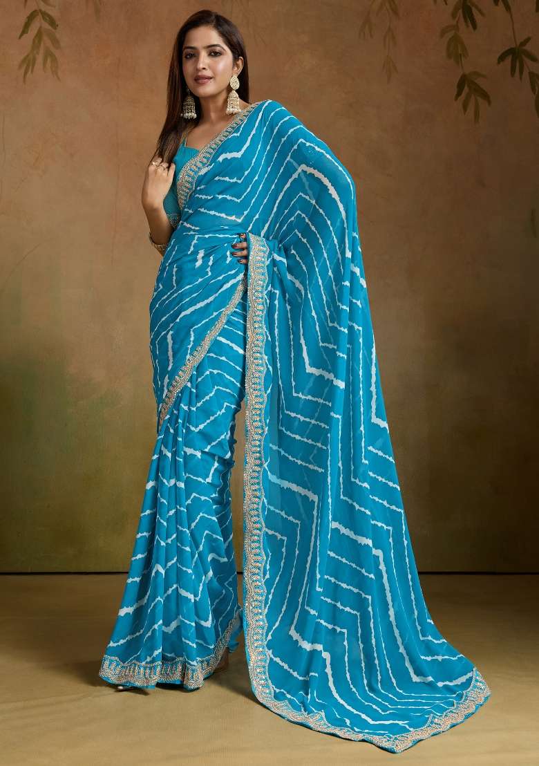 Light Blue Printed Georgette Saree Set - Indya