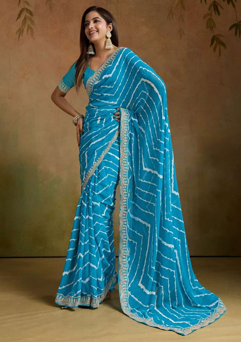 Light Blue Printed Georgette Saree Set - Indya