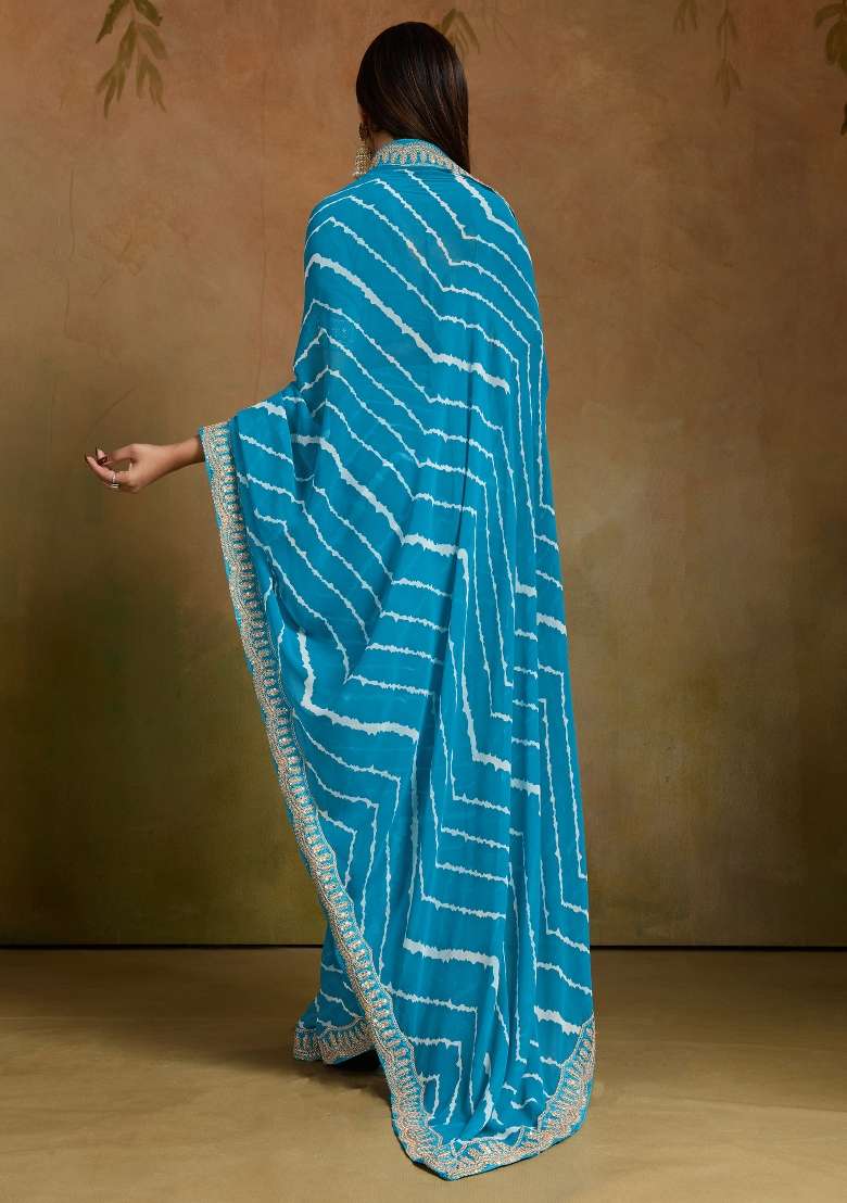 Light Blue Printed Georgette Saree Set - Indya