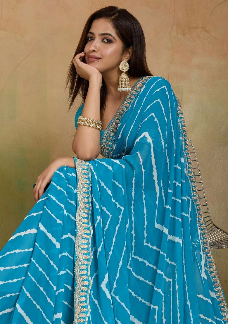 Light Blue Printed Georgette Saree Set - Indya