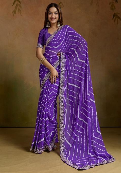 Purple Printed Georgette Saree Set — view on Indya