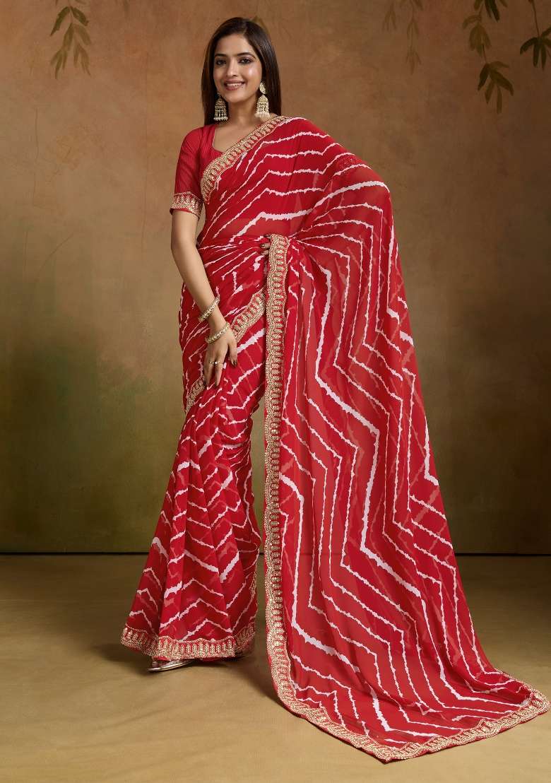 Red Georgette Saree Set with Printed for Diwali | Wedding & Festive Wear - Indya
